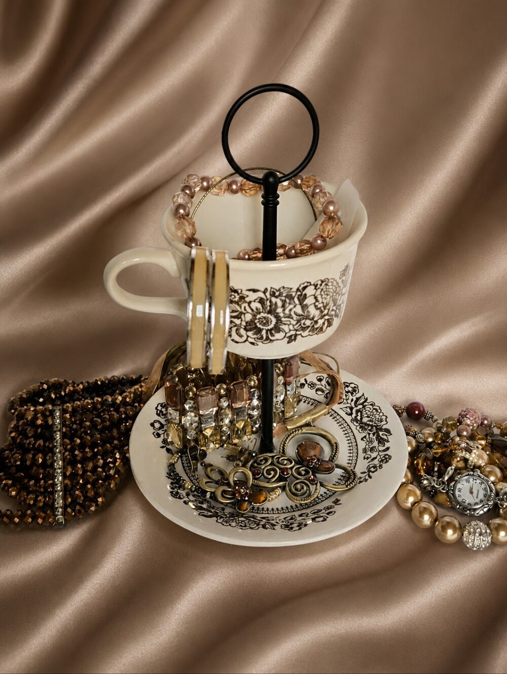 Elegant Brown Teacup Jewelry Stand